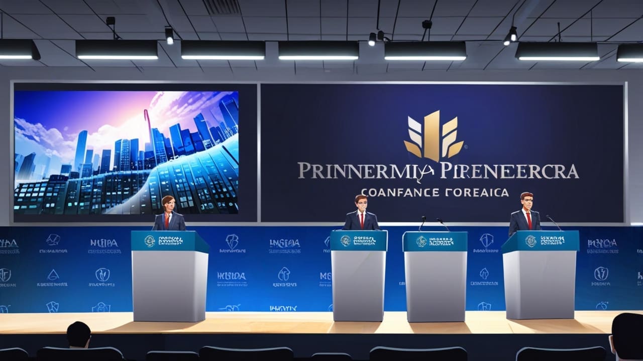 Conferencia de prensa corporativa con logos modernos y gráficos financieros en pantalla