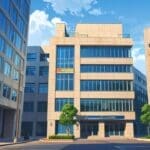 Edificios modernos de una zona empresarial tecnológica en Uruguay, con tecnología avanzada en primer plano