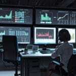 Oficina moderna con computadoras y tabletas mostrando gráficos de datos digitales