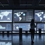 Oficina moderna con computadoras y gráficos de inteligencia artificial en una pantalla