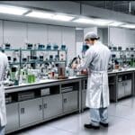 Primera plana de un laboratorio tecnológico moderno con equipos de biotecnología y microorganismos en estudio.