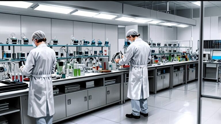 Primera plana de un laboratorio tecnológico moderno con equipos de biotecnología y microorganismos en estudio.