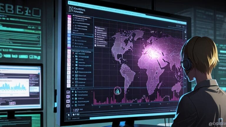 Pantalla de computadora mostrando gráficos de seguridad cibernética en una oficina moderna