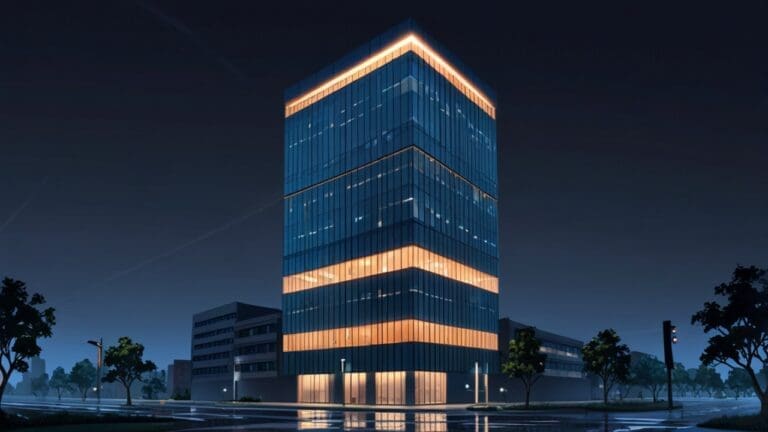 Edificio moderno y tecnológico iluminado, símbolo de innovación y ciencia.