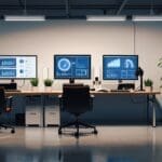 Oficinas modernas de una startup tecnológica con pantallas digitales en funcionamiento.