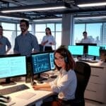 Oficina moderna con tecnología avanzada y equipo de startup trabajando en Uruguay