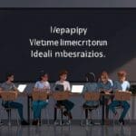 Grupo de jóvenes desarrollando ideas frente a laptops en un entorno moderno y tecnológico, con una pizarra de fondo con esquemas de negocio