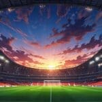 Vista de un estadio de fútbol moderno con un fondo tecnológico durante el atardecer