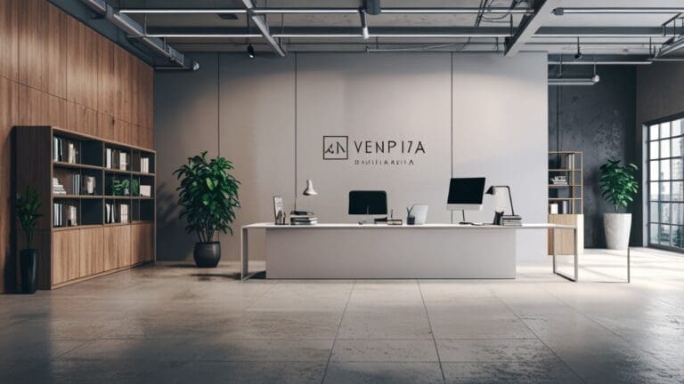 Oficinas modernas con estanterías de diseño minimalista y estaciones de trabajo ordenadas