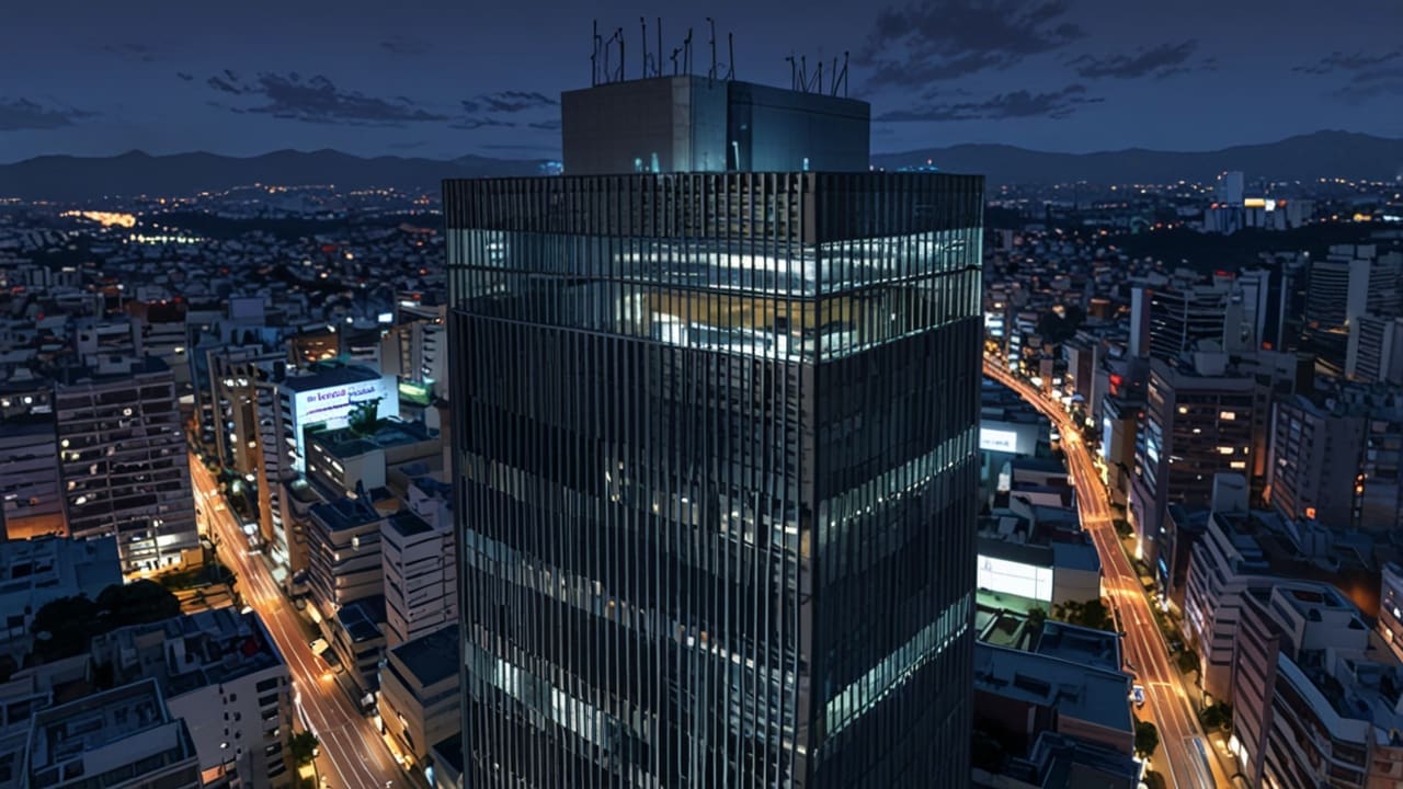 Vista aérea de un edificio moderno de oficinas en Ciudad de México con luces encendidas al anochecer, simbolizando inversión y tecnología