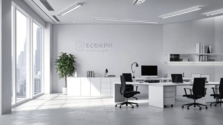 Interior moderno de oficina tecnológica con dispositivos de diseño minimalista sobre escritorios blancos, iluminación suave y ambiente corporativo innovador