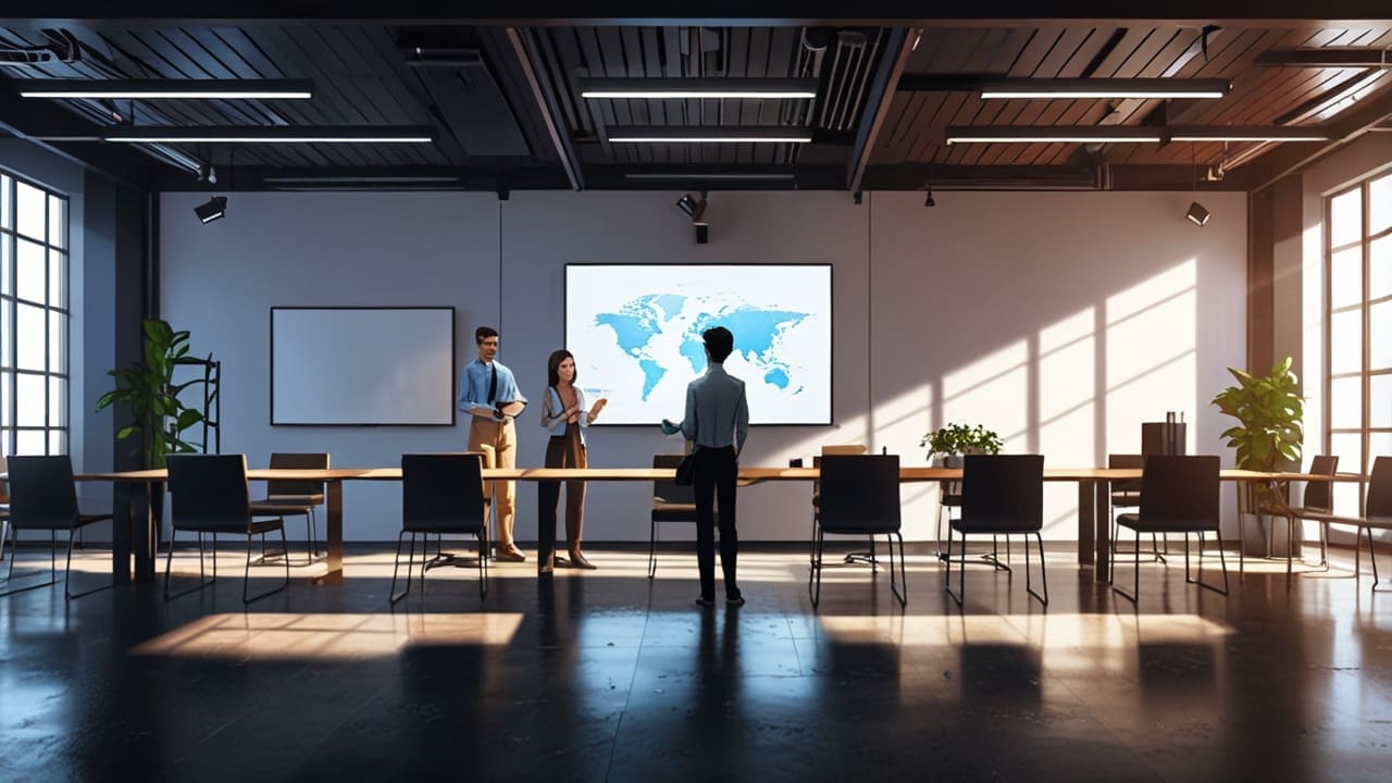 Sala de reuniones moderna con emprendedores trabajando en laptops, pantallas con gráficos de crecimiento y ambiente tecnológico
