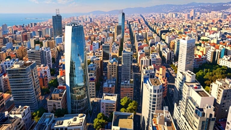 Vista panorámica de un distrito tecnológico en Barcelona con edificios modernos y vegetación, fotografiado en un día soleado