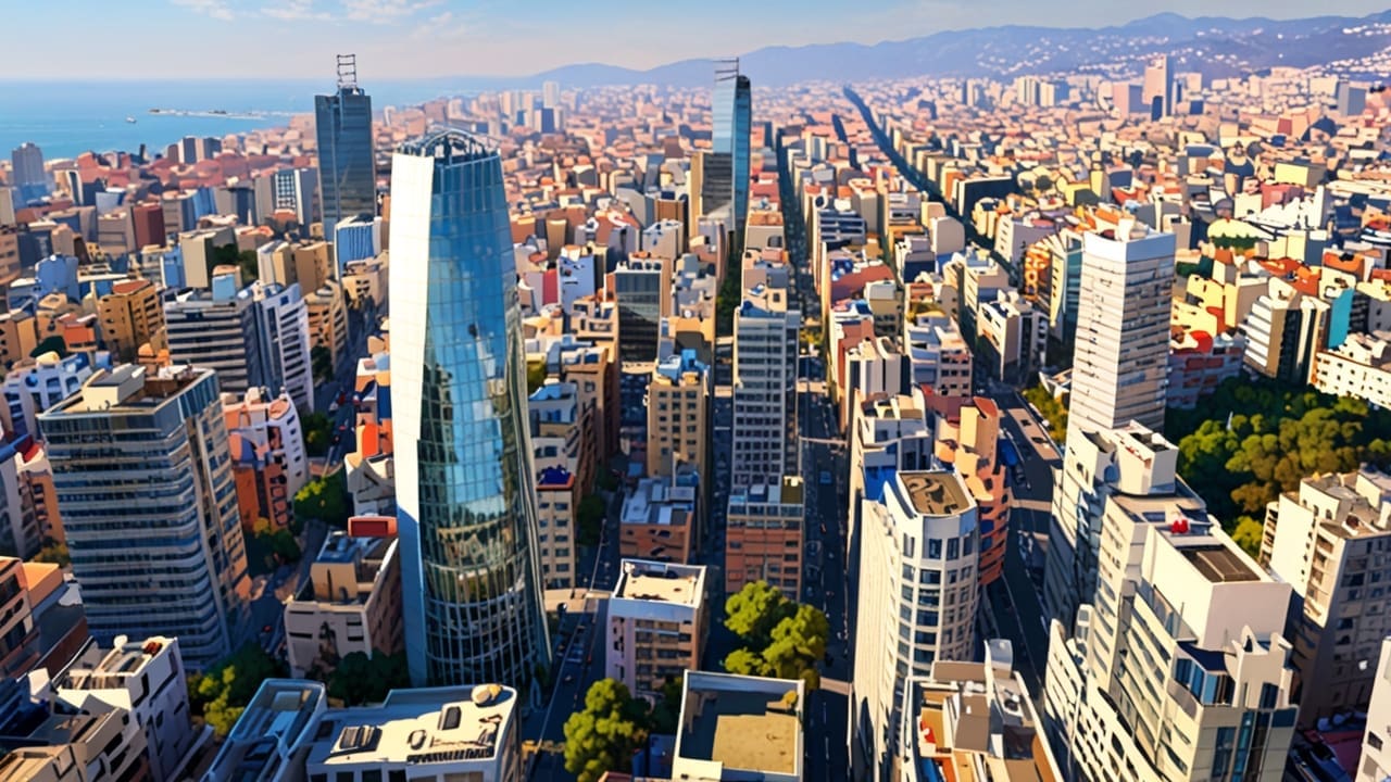 Vista panorámica de un distrito tecnológico en Barcelona con edificios modernos y vegetación, fotografiado en un día soleado