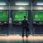 Oficina moderna con pantallas que muestran gráficos de ciberseguridad y redes bancarias, con ambiente tecnológico y profesional