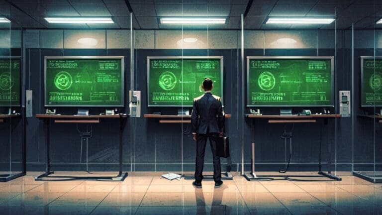 Oficina moderna con pantallas que muestran gráficos de ciberseguridad y redes bancarias, con ambiente tecnológico y profesional