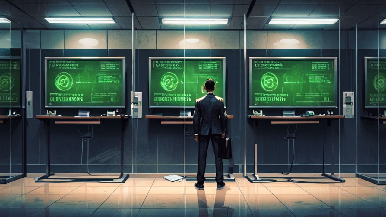 Oficina moderna con pantallas que muestran gráficos de ciberseguridad y redes bancarias, con ambiente tecnológico y profesional