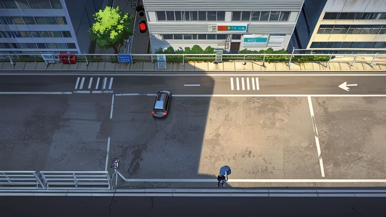 Vista cenital de una ciudad moderna con zonas de estacionamiento digitalizadas y señalización tecnológica