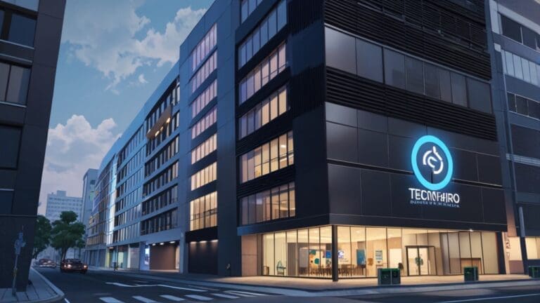 Moderno edificio tecnológico con logotipos de startups y ambiente corporativo