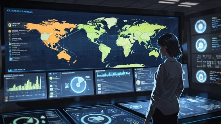 Oficina moderna con pantallas mostrando mapas digitales y datos comerciales en una interfaz tecnológica