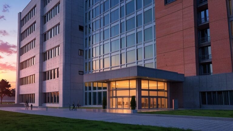 Edificio universitario moderno al atardecer con un entorno tecnológico