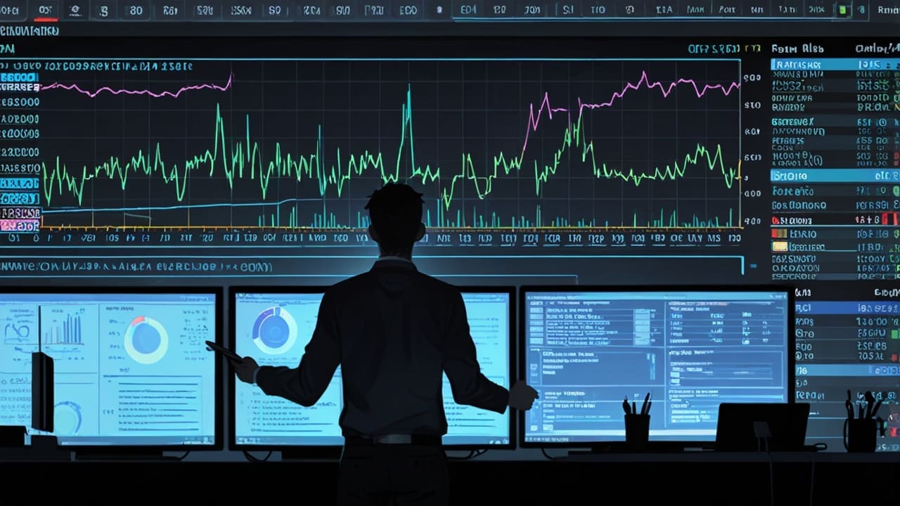 Oficina moderna con ordenadores y pantallas mostrando gráficos de datos sobre derechos de autor en un entorno digital