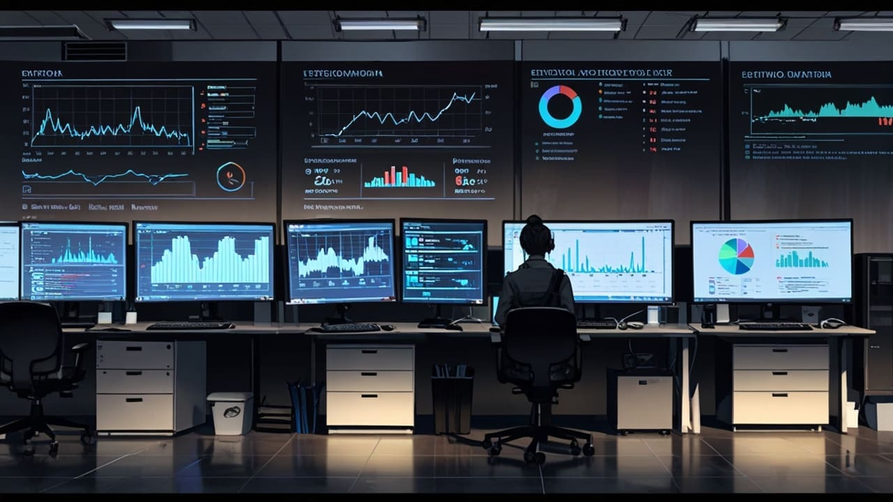 Oficina moderna de tecnología con servidores y gráficos de datos en pantallas
