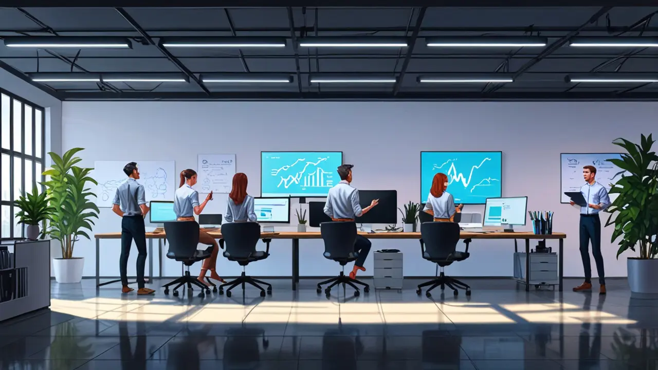 Oficina moderna de una startup tecnológica con equipos y pantallas digitales.