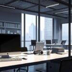 Oficinas modernas con ventanas amplias, escritorios organizados y ambiente corporativo, con laptops y documentos legales sobre la mesa