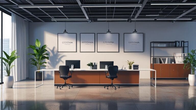 Oficina moderna con mesas de trabajo y pantallas en un entorno corporativo tecnológico