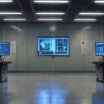 Interior de un moderno centro de investigación tecnológica con pantallas de código y servidores.