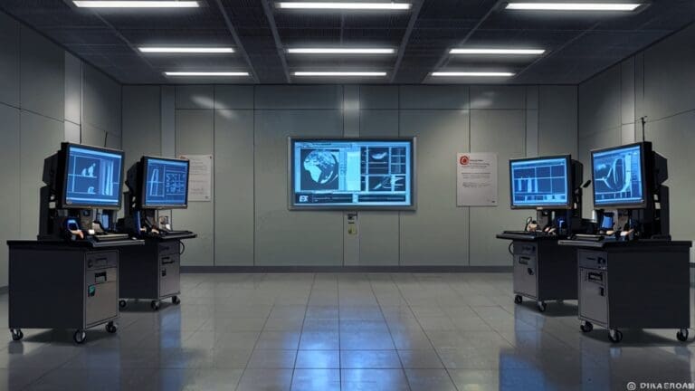 Interior de un moderno centro de investigación tecnológica con pantallas de código y servidores.