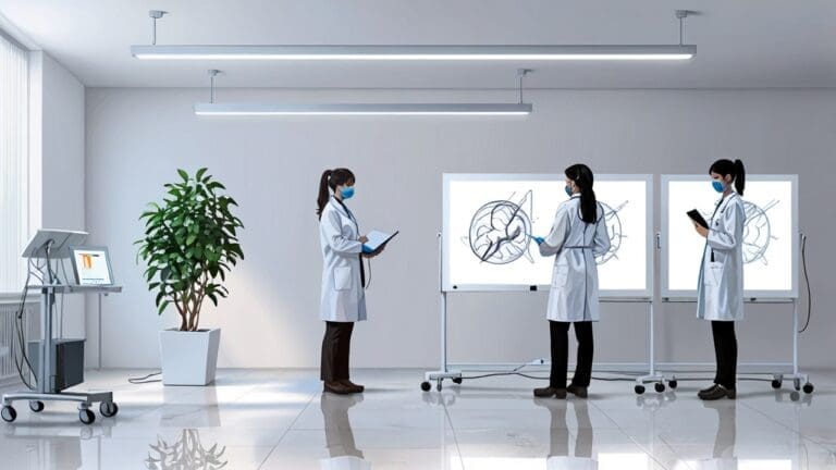 Equipo tecnológico de diagnóstico médico sobre una superficie blanca en un entorno clínico moderno con iluminación suave