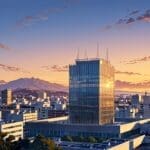 Vista panorámica de edificios modernos y oficinas tecnológicas en Córdoba al amanecer