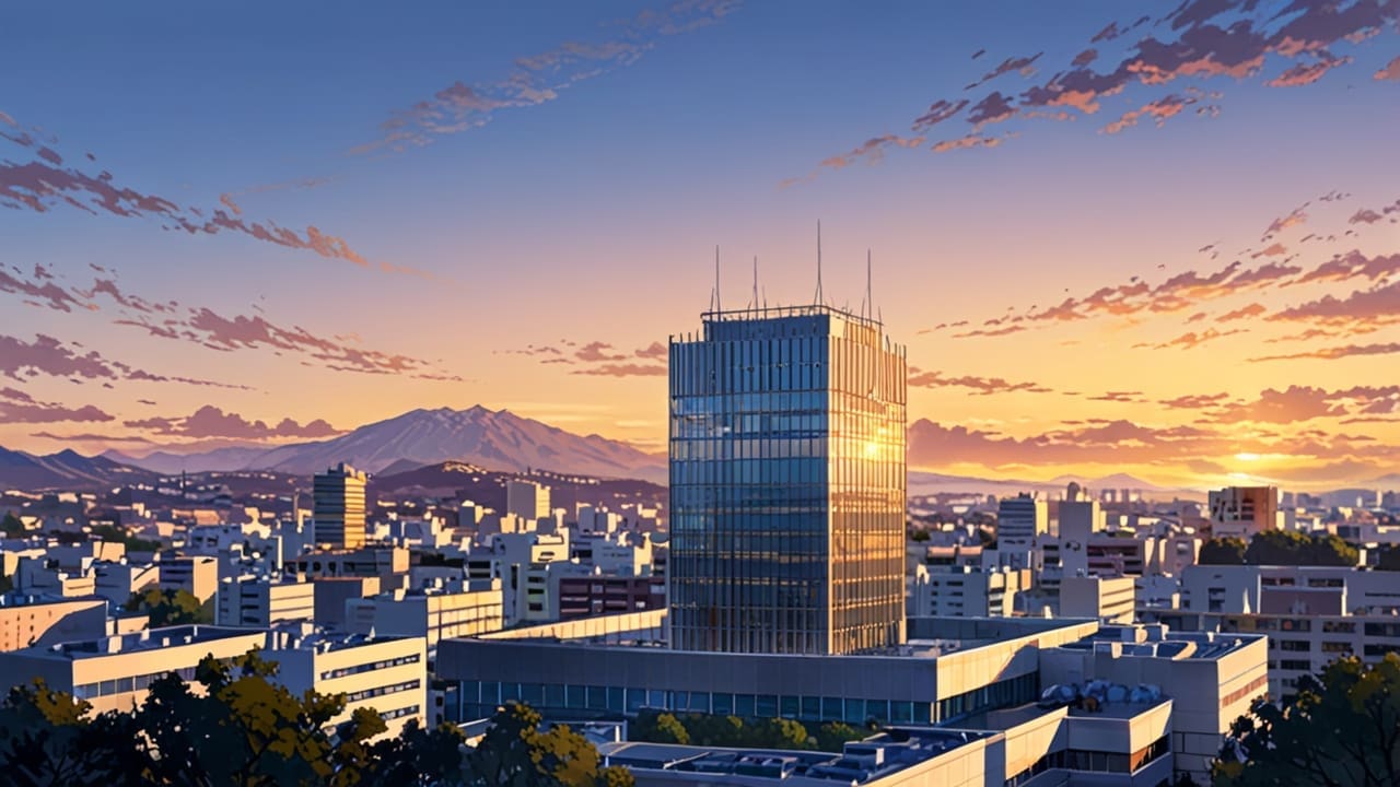 Vista panorámica de edificios modernos y oficinas tecnológicas en Córdoba al amanecer