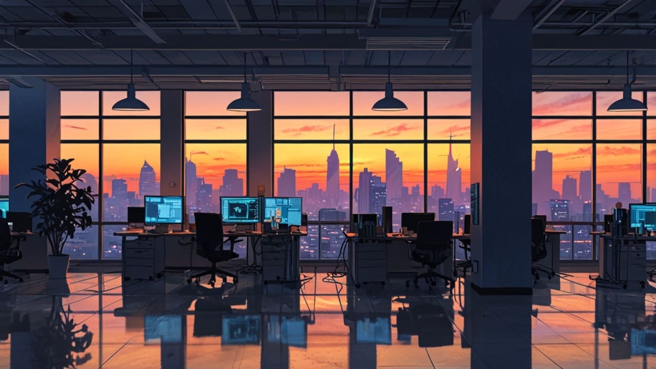 Oficinas modernas y tecnológicas de una startup al amanecer, con estaciones de trabajo equipadas.