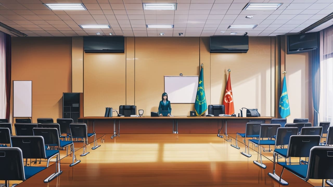 Sala de reuniones moderna con pantallas digitales y documentos sobre legislación tecnológica en una mesa de trabajo