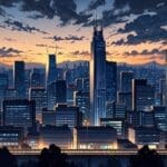 Ciudad moderna con edificios empresariales, avenidas limpias y un centro de innovación tecnológica al fondo al anochecer