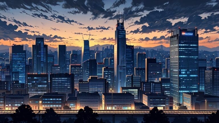 Ciudad moderna con edificios empresariales, avenidas limpias y un centro de innovación tecnológica al fondo al anochecer