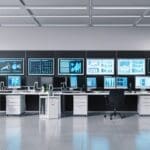 Oficina moderna con computadoras y pantallas mostrando datos de salud