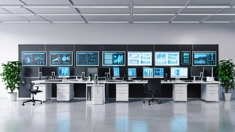 Oficina moderna con computadoras y pantallas mostrando datos de salud