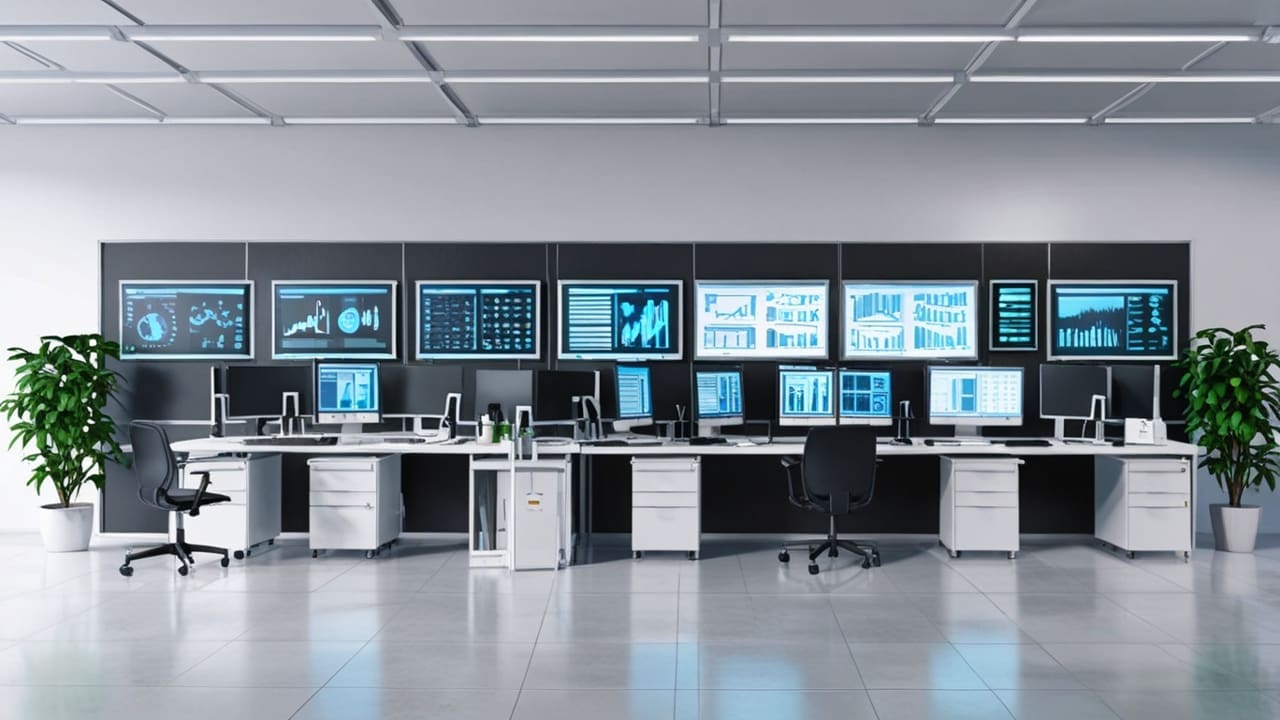 Oficina moderna con computadoras y pantallas mostrando datos de salud