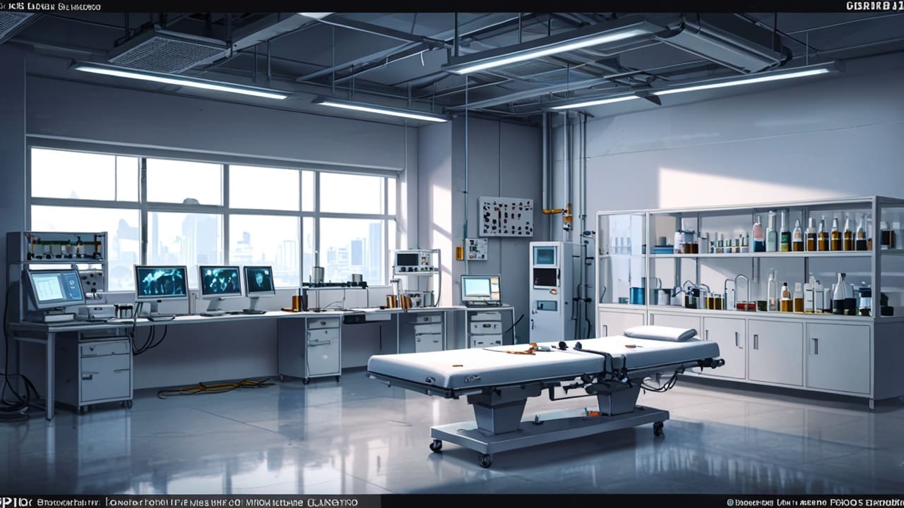 Interior moderno de laboratorio tecnológico con equipos de innovación y pantallas con gráficos científicos