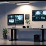 Interior de una oficina moderna con pantallas que muestran editores de video e interfaces de inteligencia artificial, ambiente tecnológico y corporativo