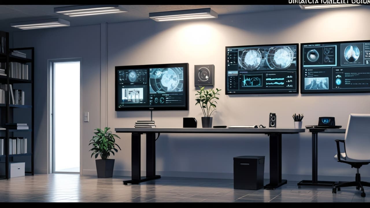 Interior de una oficina moderna con pantallas que muestran editores de video e interfaces de inteligencia artificial, ambiente tecnológico y corporativo