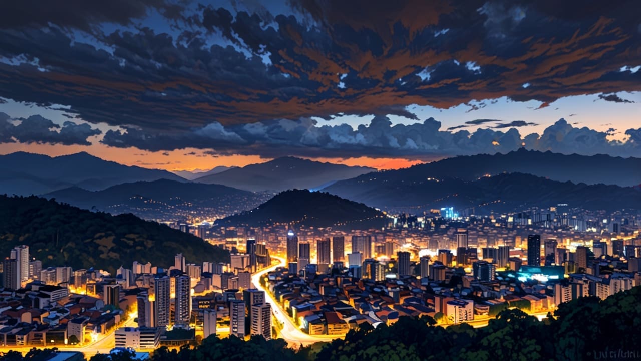 Vista panorámica de Medellín con edificios modernos y centros de innovación tecnológica iluminados al anochecer