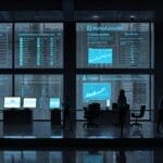 Oficinas tecnológicas modernas con pantallas mostrando datos de inteligencia artificial en un entorno corporativo en Ciudad de México