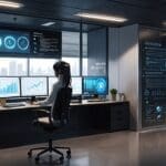 Interior de una oficina tecnológica moderna con pantallas mostrando videos generados por inteligencia artificial, ambiente profesional y futurista