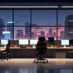 Oficina moderna con computadoras y sillas ergonómicas, vista urbana de fondo, luz natural