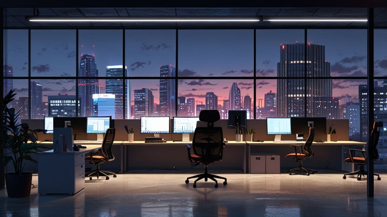 Oficina moderna con computadoras y sillas ergonómicas, vista urbana de fondo, luz natural